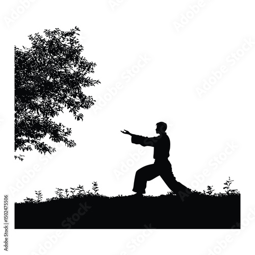 A person practicing Tai Chi in a tranquil silhouette