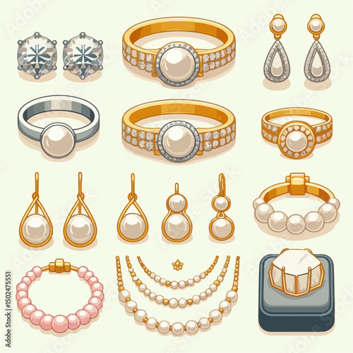 Various jewelry in vector: diamond rings, earrings, pearl necklaces, and gold bracelets.
