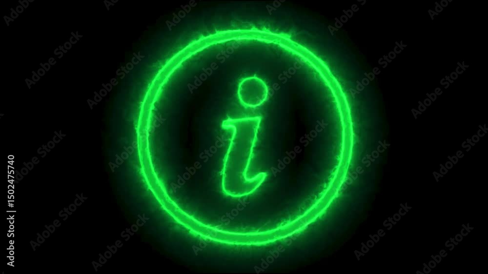 Glowing neon information sign. Glowing i sign button.
