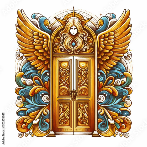 Golden ornate temple door knocker with intricate Thai Buddhist art and ancient architectural details