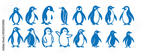 Blue Penguin silhouettes set. Penguin icons set. Vector illustration eps 10