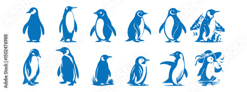 Blue Penguin silhouettes set. Penguin icons set. Vector illustration eps 10