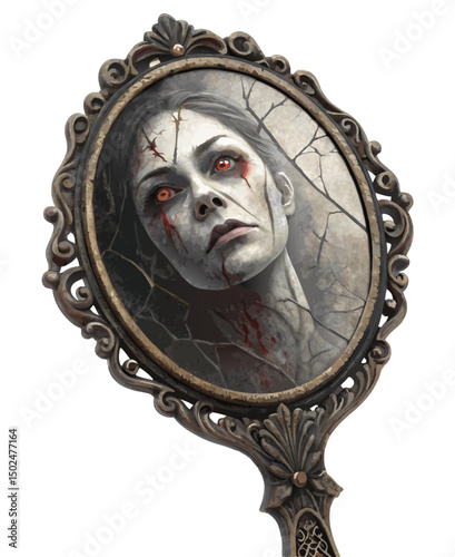ancient Japanese mirror reflecting a distorted ghostly face, with cracks and blood marks, isolated horror vector on white
