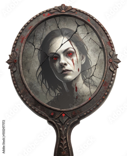ancient Japanese mirror reflecting a distorted ghostly face, with cracks and blood marks, isolated horror vector on white
