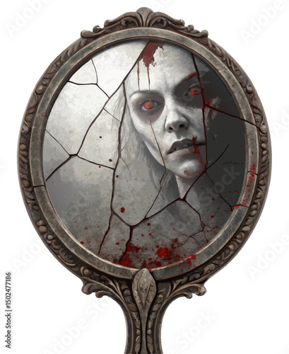 ancient Japanese mirror reflecting a distorted ghostly face, with cracks and blood marks, isolated horror vector on white

