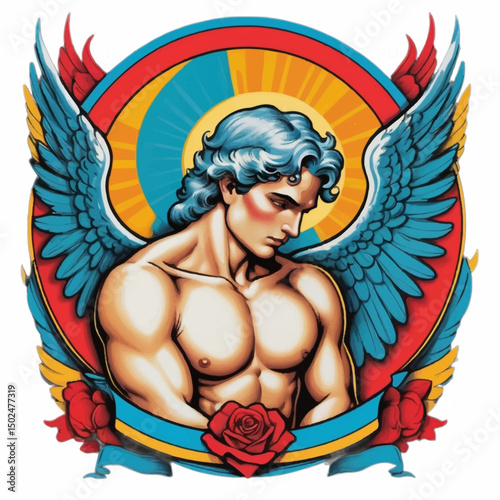 Animated illustration of an athletic angel with wings