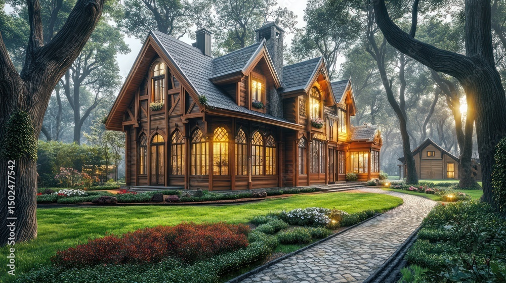 Luxurious wooden house nestled in a serene garden