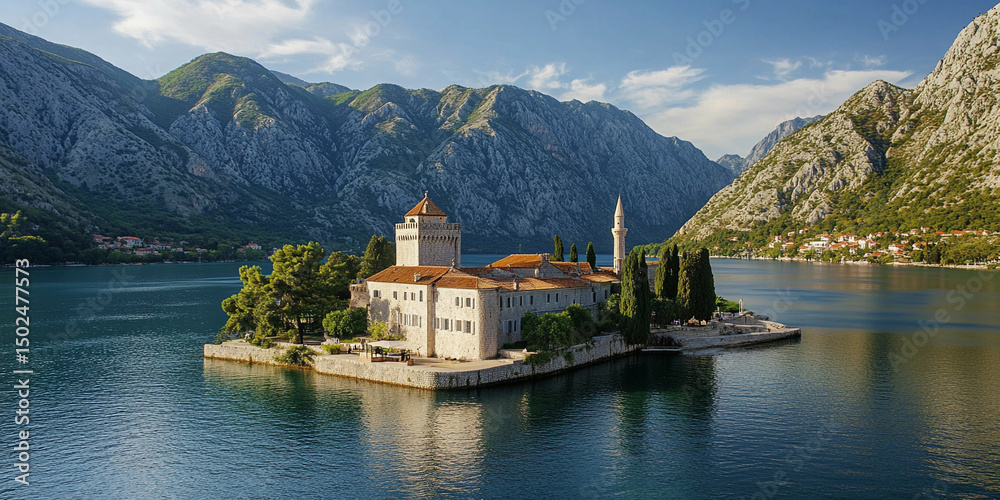 Naklejka premium Castle on a small island surrounded by mountains and water Generative AI