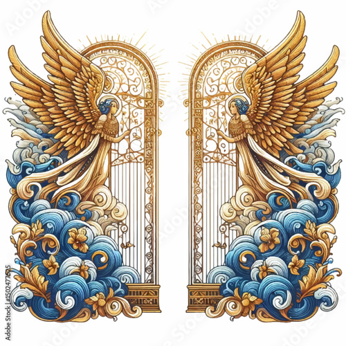Ancient golden gate of god, with religious symbol on coat of arms