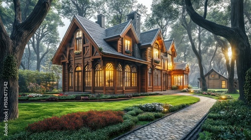 Obraz na płótnie Luxurious wooden house nestled in a serene garden w salonie