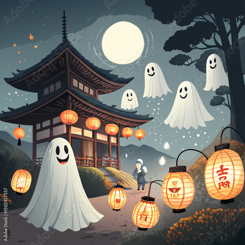 haunted version of obon festival with ghostly spirits floating around lanterns, eerie smiles, traditional vector on white
