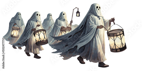 ghostly parade with spirit figures in traditional garments carrying lanterns and drums, floating slightly above ground, vector on white
