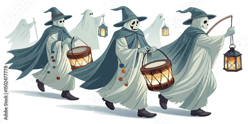 ghostly parade with spirit figures in traditional garments carrying lanterns and drums, floating slightly above ground, vector on white
