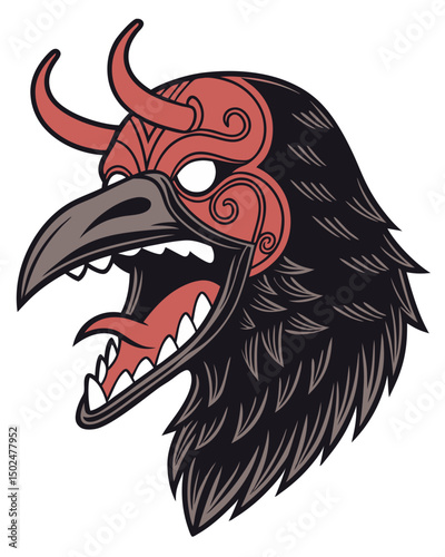 terrifying tengu mask with broken nose and sharp fangs, spiritual aura and traditional motifs, vector on white
