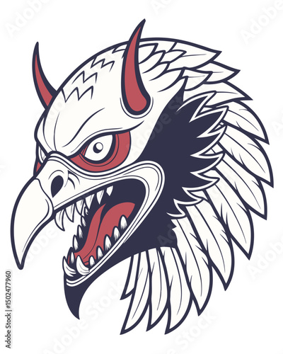terrifying tengu mask with broken nose and sharp fangs, spiritual aura and traditional motifs, vector on white
