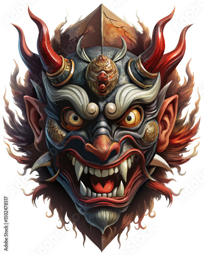 terrifying tengu mask with broken nose and sharp fangs, spiritual aura and traditional motifs, vector on white

