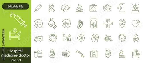 Hospital Line Editable Icons set. Vector illustration in modern thin line style of medicine related icons doctor, ambulance, treatment, and more. Pictograms and infographics