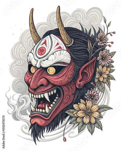 terrifying tengu mask with broken nose and sharp fangs, spiritual aura and traditional motifs, vector on white

