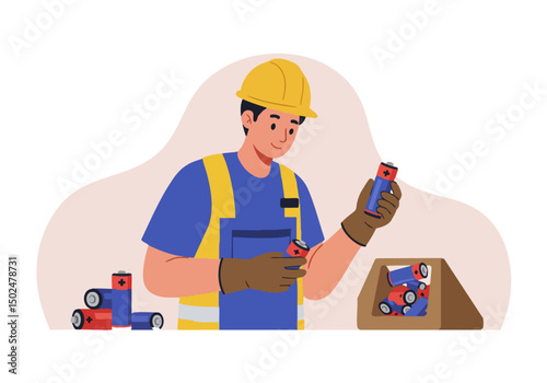 A construction worker inspects batteries with a focused expression. He?s wearing a yellow hard hat, safety vest, and gloves, surrounded by batteries in a box. Clean, modern illustration.