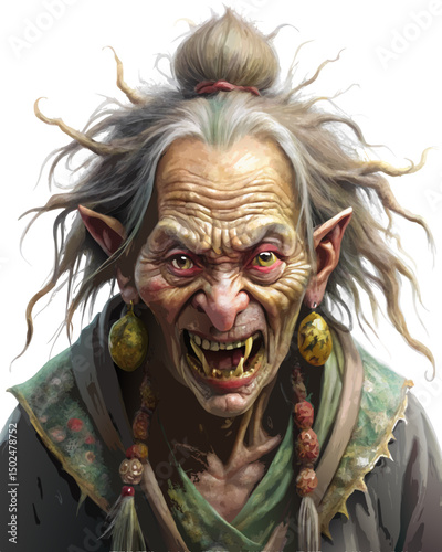 old mountain witch from Japanese folklore with twisted hair, jagged teeth, and piercing stare, isolated horror vector on white background

