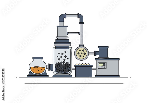 Illustrative reactor processing diagram stylized modern design showcases a chemical reactor with associated equipment Clean lines and a professional aesthetic 