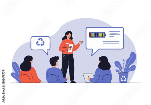 A female instructor teaches recycling education to students, showcasing a battery level indicator and recycling symbol. Modern illustration style, vibrant colors, and a clear composition.