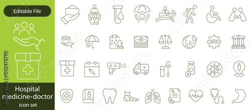 Hospital Line Editable Icons set. Vector illustration in modern thin line style of medicine related icons doctor, ambulance, treatment, and more. Pictograms and infographics