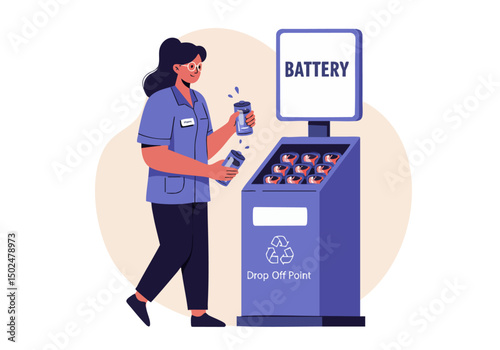 A nurse responsibly returns lithium-ion batteries at a dedicated drop-off point. Clean, modern design with a focus on sustainability and recycling. Bright, inviting illustration.
