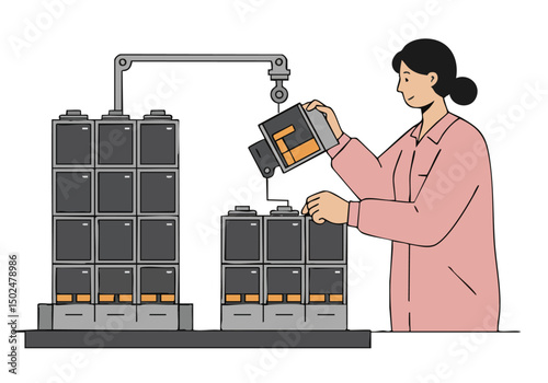 A female professional assembles batteries on an assembly line. Clean, modern industrial setting. Focus on precision and efficiency.