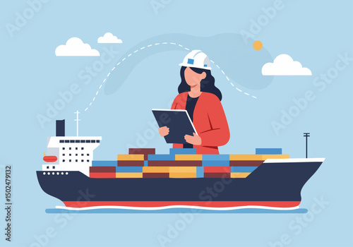 A professional woman oversees global shipping logistics with a tablet aboard a cargo ship. Modern illustration, vibrant colors, and a dynamic composition convey efficiency and connectivity.