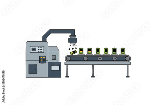 Robotic arm dismantles batteries on a conveyor belt. Industrial automation, clean lines, and a modern factory setting. Vector illustration.