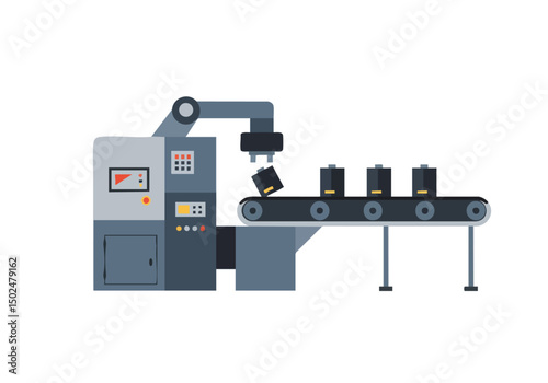 A robotic arm dismantles products on a conveyor belt in a modern factory setting. Clean lines and a flat design style create a visually appealing and professional illustration.