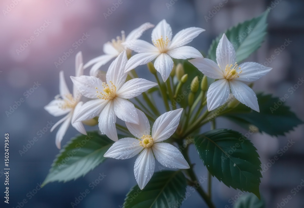 Fototapeta premium Beautiful White Flowers with Green Leaves in Bloom
