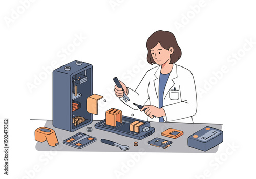 A female scientist meticulously tests materials with tools on a workbench. Detailed equipment and components showcase a focused laboratory setting. Modern illustration style.