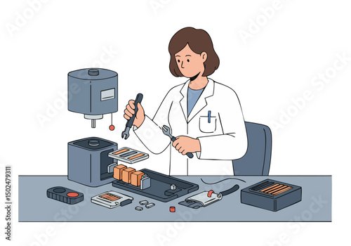 A female scientist meticulously tests materials with tools on a workbench. Focused and professional, she?s conducting material testing in a modern lab setting. Clear composition, bright lighting.