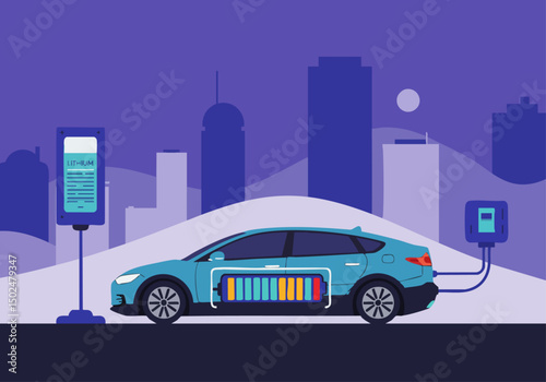 A sleek electric car charges at a modern charging station in a futuristic cityscape. Clean lines and vibrant colors showcase sustainable transportation. Ideal for tech and future themes.