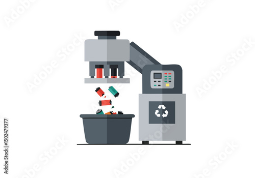 A stylized illustration depicts a battery crushing machine processing used batteries. Clean, modern design with a recycling symbol. Flat vector graphic.