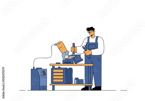 A skilled technician performs quality assurance checks on machinery. Detailed workspace, focused on precision and craftsmanship. Modern illustration style.