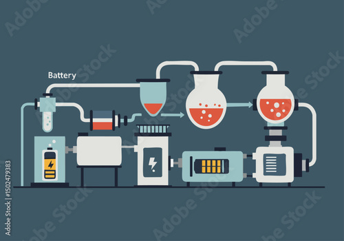 A stylized infographic illustrates a chemical processing unit with interconnected components ? battery, COPs-C2, Materroh, Cinueol, and Minery ? culminating in a battery output. Modern, clean design.