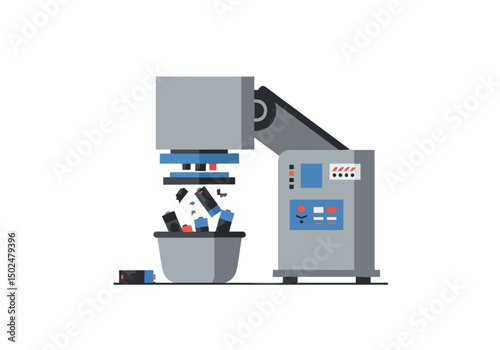 A stylized illustration depicts a battery crushing machine, showcasing a dramatic visual of battery destruction. Modern, flat design with a focus on impactful composition.