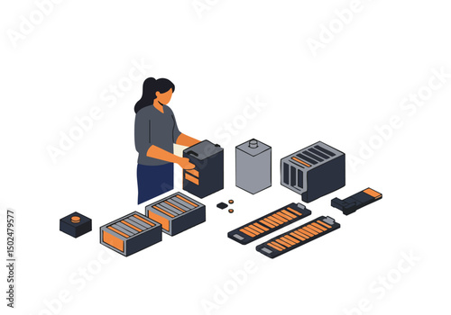 A woman carefully packs electronic components. Isometric illustration showcases a modern workspace with various parts arranged neatly. Clean, professional design.