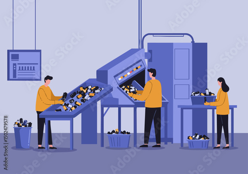 Two workers sort items on a conveyor belt in a factory setting. A modern, industrial scene with a focus on efficiency and teamwork. Bright colors and clear composition.