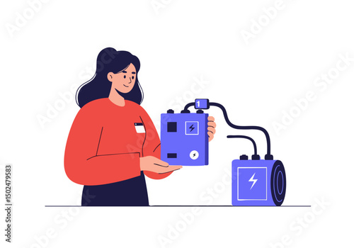 A young woman examines a battery showcase, demonstrating its features. Modern illustration style, bright colors, and a clean design. Suitable for tech, energy, and innovation themes.
