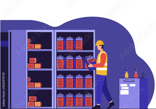 A worker inspects a battery storage unit, showcasing organized shelves and equipment. Modern, professional setting with a focus on logistics and inventory management.