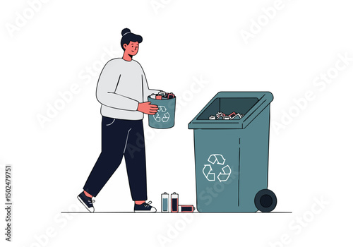 A woman sorts recycling, promoting community sustainability. Clean, modern illustration with a focus on environmental responsibility. Bright colors and a clear composition.