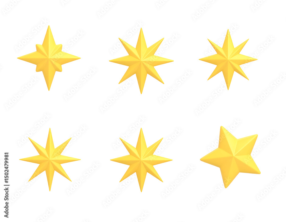 Six golden stars of varying points, digitally rendered Six golden stars of varying points, digitally rendered