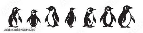 silhouette penguin different pose walking and skating, Black silhouettes of penguins set. vector illustration eps 10
