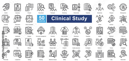 Clinical Study icon set in outline style, featuring 50 icons on clinical trials, research protocols, data analysis, and patient monitoring. Ideal for medical research, healthcare, and pharmaceuticals.
