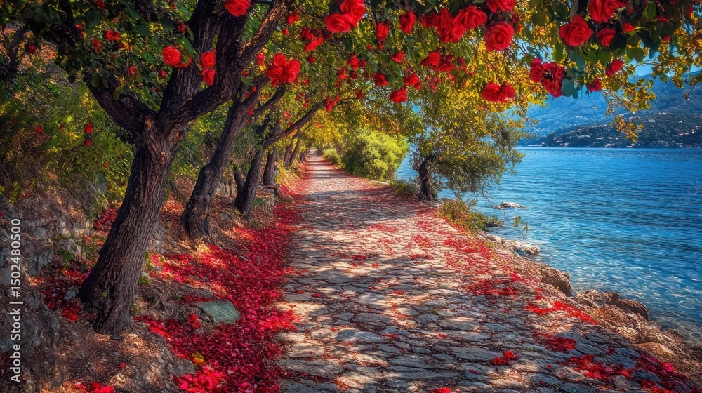 Scenic path lined with rose trees, petals scattered on cobblestones by a lake