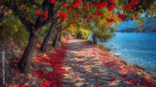 Obraz na płótnie Scenic path lined with rose trees, petals scattered on cobblestones by a lake w salonie